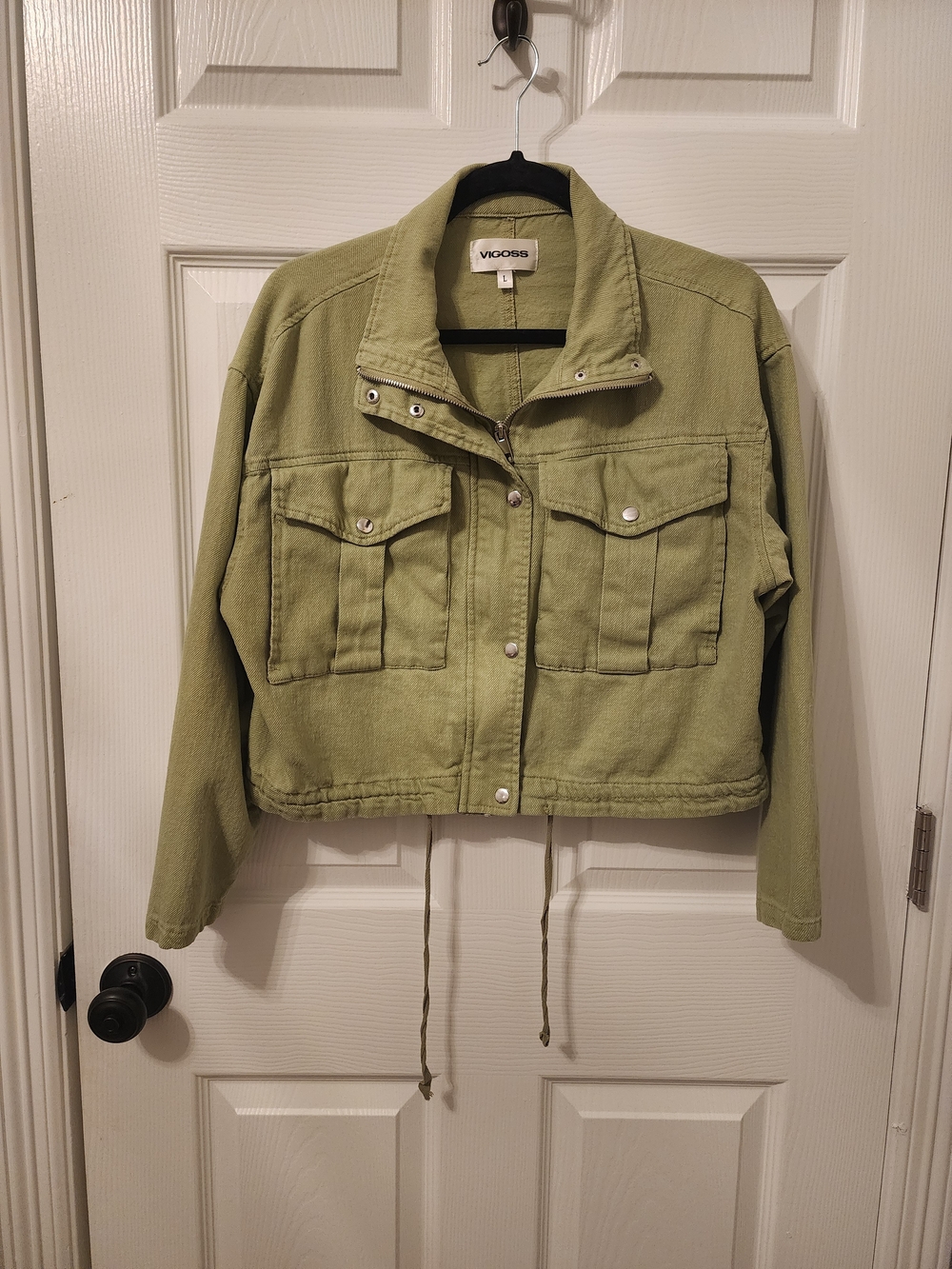 VIGOSS Olive Green Cropped Denim Utility Jacket Size Large
